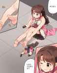  1girl barefoot boots boots_removed breasts brown_eyes brown_hair closed_mouth comic eyebrows_visible_through_hair high_heel_boots high_heels holding holding_microphone idolmaster idolmaster_cinderella_girls kamille_(vcx68) korean large_breasts looking_away microphone one_eye_closed shimamura_uzuki sitting socks socks_removed solo speech_bubble translation_request 