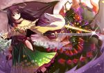  1girl black_hair cropped_legs expressionless floral_print flower_knight_girl frills green_eyes green_skirt holding holding_sword holding_weapon long_hair mizunashi_(second_run) monster print_skirt shawl skirt solo sword weapon yamabuki_(flower_knight_girl) 