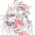  2girls annoyed arm_around_waist asakura_noi black_hair blonde_hair detached_sleeves hair_ribbon hair_tubes hakurei_reimu hat long_hair mob_cap multiple_girls navel neckerchief nontraditional_miko ribbon tabard touhou violet_eyes whispering white_background wide_sleeves yakumo_yukari yuri 