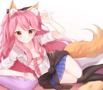  1girl animal_ears black_legwear blush breasts cleavage clothes_around_waist collarbone fate/extella fate/extra fate/grand_order fate_(series) fox_ears fox_tail highres jacket_around_waist kayo_(skc08049) large_breasts long_hair looking_at_viewer lying on_side pink_hair school_uniform shirt skirt smile solo tail tamamo_(fate)_(all) tamamo_jk_(fate) twintails unbuttoned yellow_eyes 