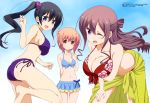  3girls absurdres arm_up ass bikini black_hair blue_eyes breast_hold breasts brown_hair cleavage eyebrows eyebrows_visible_through_hair hair_ribbon hannen_hiroe highres ichinose_hana kyouzuka_shion large_breasts long_hair medium_breasts multiple_girls navel official_art one_eye_closed open_mouth orange_eyes purple_background red_bikini_top ribbon sarong simple_background slow_start small_breasts smile swimsuit swimwear violet_eyes 