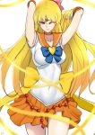  1girl aino_minako arms_behind_head bishoujo_senshi_sailor_moon blonde_hair bow choker covered_navel cyicheng hair_bow hands_up looking_at_viewer navel one_eye_closed pleated_skirt sailor_collar sailor_venus skirt smile solo violet_eyes 