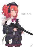  1girl ahoge arm_strap bangs belt beret black_legwear black_skirt blush bow bowtie buckle candy character_name closed_mouth collared_shirt ear_protection food fur-trimmed_jacket fur_trim girls_frontline gun h&amp;k_mp7 hair_between_eyes hair_ornament hat headphones heckler_&amp;_koch holding holding_gun holding_weapon jacket lollipop long_sleeves looking_at_viewer military miniskirt mono_(resu) mp7_(girls_frontline) neck_bow off_shoulder pantyhose pink_bow pink_hair pleated_skirt pocket ponytail pouch shirt sidelocks signature simple_background skirt solo strap striped_neckwear submachine_gun suppressor trigger_discipline weapon white_background white_shirt yellow_eyes 