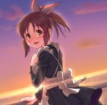  1girl abe_nana blush breasts brown_eyes brown_hair eyebrows_visible_through_hair from_behind idolmaster idolmaster_cinderella_girls kamille_(vcx68) large_breasts long_sleeves looking_at_viewer maid open_mouth outdoors railing short_hair short_ponytail smile solo sunset tearing_up 