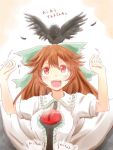  1girl animal bird black_wings bow brown_hair cape collared_shirt commentary_request feathers green_bow hair_bow hands_up long_hair looking_up open_mouth red_eyes reiuji_utsuho shirt short_sleeves smile solo tamasan third_eye touhou translation_request upper_body white_shirt wing_collar wings 