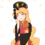  1girl :d =_= blonde_hair blush china_dress chinese_clothes closed_eyes commentary_request dress facing_viewer flying_sweatdrops hand_on_own_cheek head_tilt junko_(touhou) long_hair long_sleeves neck_ribbon open_mouth ribbon shirosato smile solo touhou upper_body wide_sleeves yellow_neckwear yellow_ribbon 