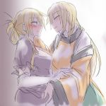  2girls :d blonde_hair blush breasts dress elbow_gloves eye_contact gloves hug imminent_kiss kuroba_rapid large_breasts long_hair looking_at_another matara_okina multiple_girls open_mouth sketch smile tabard touhou very_long_hair violet_eyes yakumo_yukari yellow_eyes yuri 