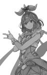  1girl \m/ alternate_costume granblue_fantasy hair_ornament looking_at_viewer monochrome pointing pointy_ears shoohee simple_background smile solo white_background yggdrasil_(granblue_fantasy) 