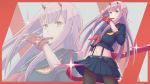  1girl commentary_request company_connection cosplay darling_in_the_franxx fingerless_gloves gloves green_eyes hair_between_eyes hairband highres holding horns in_mouth kill_la_kill living_clothes long_hair matoi_ryuuko matoi_ryuuko_(cosplay) microskirt midriff navel pantyhose pink_hair pleated_skirt red_gloves school_uniform scissor_blade senketsu serafuku skirt sleeves_rolled_up solo sparkle suspenders trigger_(company) white_hairband yoruusagi zero_two_(darling_in_the_franxx) zoom_layer 
