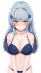  1girl bangs bare_arms bare_shoulders bikini blue_bikini blunt_bangs blush breasts choker cleavage closed_mouth cowboy_shot eyebrows_visible_through_hair facepaint girls_frontline green_eyes hair_ornament hair_over_shoulder highres hk416_(girls_frontline) jewelry long_hair looking_at_viewer medium_breasts navel painteen pendant shiny shiny_skin sidelocks silver_hair simple_background solo stomach swimsuit teardrop white_background 