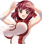  1girl :d armpits arms_up bangs bouncing_breasts breasts brown_eyes brown_hair commentary_request elbow_pads girls_und_panzer gorua_(youce01) kondou_taeko large_breasts looking_at_viewer open_mouth red_headband red_shirt shirt short_hair sleeveless sleeveless_shirt smile solo sportswear standing upper_body volleyball_uniform 
