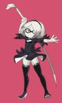  1girl black_dress black_hairband black_legwear boots breasts cleavage cleavage_cutout domino_mask dress feather-trimmed_sleeves full_body hairband high_heel_boots high_heels highleg highleg_leotard highres inkling juliet_sleeves katana leotard long_sleeves mask nier_(series) nier_automata no_blindfold ontaros pink_background puffy_sleeves silver_hair simple_background solo splatoon sword thigh-highs thigh_boots weapon white_hair white_leotard yorha_no._2_type_b 