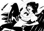  1girl :d absurdres arm_up bangs bow bowtie breasts cleavage commentary_request detached_collar feathered_wings feathers from_side greyscale highres himajin_noizu holding large_breasts loafers looking_at_viewer monochrome open_mouth puffy_short_sleeves puffy_sleeves shameimaru_aya shoes short_sleeves simple_background skirt smile solo thigh-highs touhou white_background wings zettai_ryouiki 