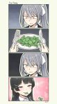  1girl 2girls 4koma bangs black_blazer black_hair blue_eyes blush bow braid clover comic eating eyebrows_visible_through_hair fork hair_bow hair_ornament hairclip highres higuchi_kaede jacket knife long_hair multiple_girls nervous nijisanji pas_(paxiti) plate ponytail school_uniform silver_hair smile sweat sweatdrop tsukino_mito virtual_youtuber 