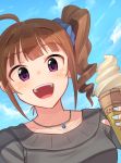  1girl absurdres ahoge blush brown_hair collarbone day eyebrows_visible_through_hair food highres ice_cream ice_cream_cone idolmaster idolmaster_million_live! jewelry kamille_(vcx68) looking_at_viewer necklace open_mouth outdoors scrunchie short_hair side_drill smile solo teeth upper_body violet_eyes yokoyama_nao 