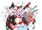  2girls :&lt; ace_of_hearts animal_hood april_fools azur_lane ball bangs black_cape black_footwear black_skirt blush bolt boots breasts cannon cape card center_frills closed_mouth clown_nose club_(shape) erebus_(azur_lane) eyebrows_visible_through_hair facial_mark frills gloves gyaza hair_over_one_eye heart heart_in_mouth high-waist_skirt holding hood hood_up hooded_cape leg_up long_hair multiple_girls outstretched_arm parted_lips playing_card puffy_short_sleeves puffy_sleeves red_eyes shirt short_sleeves simple_background skirt small_breasts star striped striped_legwear terror_(azur_lane) thigh-highs torn_cape translation_request triangle_mouth turret white_background white_gloves white_hair white_shirt 