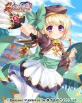  1girl bell bibyo blonde_hair bow brown_jacket building clouds copyright_name cropped_jacket dress feather_fan gem hat holding jacket jingle_bell koihime_musou leg_lift mary_janes obi official_art outdoors outstretched_arm pantyhose red_eyes ribbon sash shoes shokatsuryou short_hair sky smile solo standing standing_on_one_leg white_dress white_legwear 