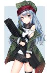  1girl assault_rifle bangs bare_shoulders black_legwear black_shorts blush brown_eyes buckle coat eyebrows_visible_through_hair g11 g11_(girls_frontline) girls_frontline green_coat green_hat gun hair_between_eyes hat highres holding long_hair looking_at_viewer messy_hair open_clothes open_coat open_mouth outside_border painteen red_scarf rifle scarf scarf_on_head shirt short_shorts shorts shoulder_cutout sidelocks silver_hair solo strap thigh-highs thighs very_long_hair weapon white_shirt 