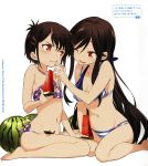  2girls a_channel absurdres black_hair food fruit highres huge_filesize ichii_tooru kuroda_bb multiple_girls nishi_yuuko swimsuit watermelon 