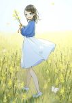  1girl :d absurdres bangs black_eyes blue_shirt bow brown_hair butterfly commentary_request day earrings eyebrows_visible_through_hair field flower flower_field full_body highres holding holding_flower insect jewelry long_hair long_sleeves looking_at_viewer open_mouth original outdoors rapeseed_blossoms sako_(user_ndpz5754) shirt shoes skirt smile spring_(season) standing stud_earrings swept_bangs tareme teeth walking white_footwear white_skirt 