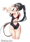 1girl alternate_costume ass bare_shoulders black_hair black_swimsuit brown_eyes competition_swimsuit cowboy_shot ebifurya from_behind hair_ornament hair_scrunchie highres kantai_collection long_hair looking_at_viewer one-piece_swimsuit ponytail scrunchie sidelocks simple_background solo standing stretch swimsuit thigh_gap thighs twitter_username very_long_hair white_background yahagi_(kantai_collection) 