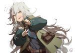  1girl ammunition_pouch bangs black_vest blush braid collared_shirt eyebrows_visible_through_hair fang flying_sweatdrops girls_frontline green_jacket grey_eyes hair_between_eyes hand_out jacket jewelry long_hair long_sleeves looking_at_viewer messy_hair multiple_belts open_mouth pouch ring shirt shorts sidelocks signature silver_hair simple_background smile solo sweat sweatdrop very_long_hair vest waterkuma white_background xm8_(girls_frontline) 