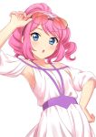  1girl :o aikatsu!_(series) aikatsu_stars! armpits blue_eyes blush commentary_request dress eyebrows_visible_through_hair hand_on_hip hand_up highres looking_at_viewer parted_lips pink_hair red_glasses sakuraba_rola sekina simple_background solo sunglasses upper_body white_background white_dress 