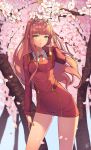  1girl bangs breasts cherry_blossoms contrapposto darling_in_the_franxx day dress eyebrows_visible_through_hair eyelashes flower green_eyes hair_tucking hairband highres horns lee_seok_ho long_hair long_sleeves looking_at_viewer medium_breasts necktie open_mouth outdoors petals pink_hair red_neckwear short_necktie signature solo standing teeth tree wind wing_collar zero_two_(darling_in_the_franxx) 