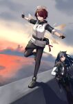  2girls absurdres animal_ears arknights balancing black_capelet black_gloves black_hair black_jacket black_pantyhose black_shorts black_skirt brown_footwear brown_wings capelet closed_mouth clouds cloudy_sky commentary_request detached_wings exusiai_(arknights) eyes_visible_through_hair fingerless_gloves floating_hair gloves hair_between_eyes hair_over_one_eye halo highres jacket long_hair long_sleeves multiple_girls outdoors outstretched_arms pantyhose pantyhose_under_shorts puffy_long_sleeves puffy_sleeves red_eyes redhead shoes short_hair short_shorts shorts shuuka skirt sky smile solo_focus spread_arms standing standing_on_one_leg sunset texas_(arknights) very_long_hair white_jacket wings 