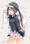  1girl :d baseball_cap black-framed_eyewear blue_eyes brown_hair confetti glasses hand_on_hip hand_up hat highres idolmaster idolmaster_shiny_colors jacket mitsumine_yuika open_mouth seia_(tikxxx) skirt smile solo standing twintails twitter_username vest white_skirt 