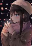  1girl bangs beanie blue_eyes blush brown_coat brown_hair brown_hat coat commentary_request eyebrows_visible_through_hair fingernails from_side hair_between_eyes hat highres long_sleeves looking_away original parted_lips pink_scarf scarf snowing solo steepled_fingers yuzuzukushi 