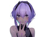  1girl bangs bare_shoulders black_hairband daimaou_ruaeru dark_skin eyebrows_visible_through_hair fate/prototype fate/prototype:_fragments_of_blue_and_silver fate_(series) hairband hassan_of_serenity_(fate) highres lips looking_at_viewer nail_polish own_hands_together purple_hair purple_nails shiny shiny_hair short_hair simple_background sleeveless solo upper_body v violet_eyes white_background 