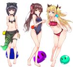  3girls absurdres arm_behind_back bangs barefoot bikini black_bow black_choker black_eyes black_hair black_ribbon blonde_hair blunt_bangs book bow bow_bikini breasts brown_eyes brown_hair choker clenched_hand closed_mouth competition_swimsuit covered_navel eyebrows_visible_through_hair frilled_bikini frilled_bow frills front-tie_bikini front-tie_top frown garters hair_bow hair_ribbon halterneck hand_on_own_chest hands_together highres holding holding_book leaning_forward long_hair looking_at_viewer messy_hair multiple_girls navel one-piece_swimsuit open_mouth original parted_lips pink_bow ponytail red_bikini ribbon sarong short_hair simple_background small_breasts smile standing swimsuit two_side_up white_background zucchini 