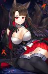  1girl akagi_(azur_lane) animal_ears azur_lane bangs black_gloves black_hair black_legwear blush breasts cleavage cleavage_cutout commentary_request fox_ears fox_tail gijang gloves japanese_clothes large_breasts long_hair long_sleeves looking_at_viewer multiple_tails parted_lips petals pleated_skirt red_eyes red_skirt signature sitting skirt smile solo swept_bangs tail thigh-highs wide_sleeves yokozuwari 