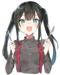  1girl :d bangs black_hair blue_eyes blush commentary_request copyright_request eyebrows_visible_through_hair fork grey_shirt hair_ornament hairclip hands_up holding jewelry knife long_sleeves looking_at_viewer mole mole_under_eye nanakagura necklace open_mouth shirt simple_background smile solo suspenders twintails white_background 