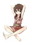  1girl armpits bare_legs barefoot brown_eyes brown_hair commentary_request eyebrows_visible_through_hair hands_up looking_at_viewer low_twintails nanabuluku original robe sarashi sash simple_background sitting sketch solo twintails white_background 