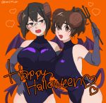  2girls arm_around_back bangs black-framed_eyewear black_eyes black_gloves black_hair black_leotard black_ribbon black_wings brown_eyes brown_hair demon_girl demon_tail demon_wings elbow_gloves english fang girls_und_panzer gloves hair_ribbon halloween_costume halterneck hao_(udon) happy_halloween heart horns kawashima_momo koyama_yuzu leotard monocle multiple_girls open_mouth orange_background ribbon semi-rimless_eyewear short_hair short_ponytail tail twitter_username under-rim_eyewear wings 