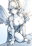  1girl blue blush breasts cleavage closed_mouth commentary curled_horns dress eyebrows_visible_through_hair headpiece horns knee_up large_breasts long_sleeves looking_at_viewer lucrezia_(war_of_ashird) monochrome satchely short_hair smile solo spot_color war_of_ashird wings 