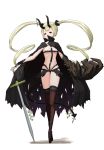  1girl absurdres babai_hu bangs black_legwear blonde_hair bob_cut breasts commentary_request hair_between_eyes highres holding holding_sword holding_weapon horns original short_hair solo sword weapon white_background 