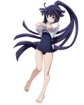  1girl akatsuki_(log_horizon) barefoot blue_swimsuit blush character_name covered_navel embarrassed eyebrows_visible_through_hair floating_hair full_body high_ponytail log_horizon long_hair looking_at_viewer official_art one-piece_swimsuit purple_hair school_swimsuit shirt_lift short_sleeves solo swimsuit transparent_background very_long_hair violet_eyes 