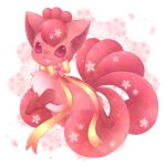  :d blush floral_background flower full_body gen_1_pokemon looking_at_viewer lowres multiple_tails neck_ribbon no_humans open_mouth petals pink_eyes pokemon pokemon_(creature) ribbon smile tail ten&#039;on_(amane09) vulpix yellow_ribbon 
