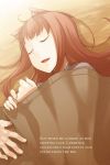  1girl animal_ears ayakura_juu brown_hair character_name closed_eyes eyebrows_visible_through_hair from_above holo long_hair lying novel_illustration official_art on_side open_mouth sleeping spice_and_wolf upper_body wolf_ears 
