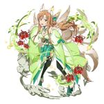  1girl :d animal_ears asuna_(sao) black_legwear boots breasts brown_eyes brown_hair choker cleavage detached_sleeves floating_hair flower fox_ears fox_tail full_body fur_trim green_footwear high_heel_boots high_heels japanese_clothes leaning_forward long_hair looking_at_viewer medium_breasts multiple_tails open_mouth red_flower simple_background smile solo standing sword_art_online tail thigh-highs very_long_hair white_background 