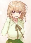  1girl amaetai_hi_wa_soba_ni_ite bangs blonde_hair blush breasts brown_neckwear brown_ribbon character_request collared_shirt commentary_request eyebrows_visible_through_hair green_skirt hand_up kawai_makoto large_breasts long_sleeves looking_at_viewer neck_ribbon parted_lips pink_background ribbon shirt short_hair signature simple_background skirt smile solo violet_eyes wing_collar 