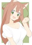  1girl :d absurdres animal_ears bangs blush breasts brown_hair cleavage donguri_suzume fang green_background green_eyes hand_up head_tilt highres large_breasts long_hair open_mouth original paw_pose shirt short_sleeves simple_background smile solo star star-shaped_pupils symbol-shaped_pupils white_shirt 