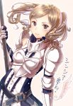 1girl belt black_eyes blush breasts brown_hair commentary_request cynthia_(fire_emblem) fire_emblem fire_emblem:_kakusei haru_(nakajou-28) highres holding long_hair long_sleeves looking_at_viewer small_breasts smile solo translation_request twintails upper_body