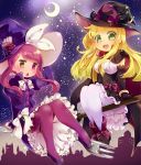  2girls blonde_hair bow breasts broom cape cleavage dress duel_monster fork ghostrick_witch gloves green_eyes hat heterochromia highres long_hair looking_at_viewer madolche_magileine multiple_girls open_mouth pantyhose pink_hair purple_hair smile star violet_eyes witch_hat yaibaken yu-gi-oh! 