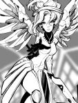  1girl absurdres angelica_(k3lly) bangs bodysuit breasts gloves hair_between_eyes head_tilt highres looking_at_viewer mechanical_halo mechanical_wings medium_breasts mercy_(overwatch) outstretched_arm outstretched_hand overwatch reaching short_hair solo spread_wings wings 