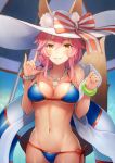  1girl animal_ears bangle bare_shoulders beach_umbrella bikini blue_background blue_bikini blurry blurry_background bow bracelet breasts cleavage collarbone cowboy_shot depth_of_field ears_through_headwear fate/grand_order fate_(series) fox_ears fox_tail hair_tie hat hat_bow innertube jewelry kyoeiki long_hair looking_at_viewer low_ponytail medium_breasts navel necklace orange_eyes orange_ribbon parted_lips pendant pink_hair ribbon shawl side-tie_bikini smile solo standing stomach striped striped_bow swimsuit tail tamamo_(fate)_(all) tamamo_no_mae_(swimsuit_lancer)_(fate) umbrella under_boob white_hat 