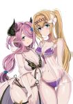  2girls absurdres bangs bikini blonde_hair blue_eyes breast_hold breasts collarbone cowboy_shot diadem draph earrings eyebrows_visible_through_hair flower front-tie_bikini front-tie_top granblue_fantasy hair_bun hair_flower hair_intakes hair_ornament hair_over_one_eye heart heart-shaped_pupils highres horns hzhc jeanne_d&#039;arc_(granblue_fantasy) jewelry jpeg_artifacts lily_(flower) long_hair looking_at_viewer low_tied_hair medium_breasts multiple_girls narmaya_(granblue_fantasy) navel pointy_ears ponytail purple_bikini purple_hair see-through side-tie_bikini smile swimsuit symbol-shaped_pupils thigh_gap thigh_strap very_long_hair white_background white_flower 